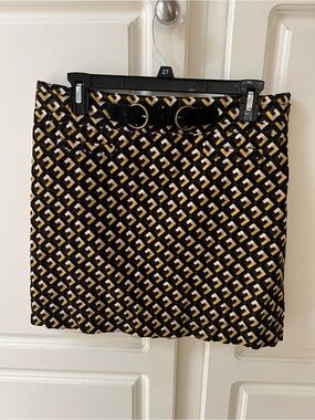 LOFT Black and Brown Corduroy Mini Skirt with Cream & Gold Geometric Print